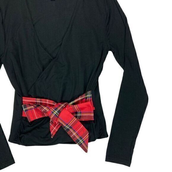 J. Crew Top Womens Size Small Black Long Sleeve Wrap Plaid Tie Holiday Pullover - Picture 6 of 16